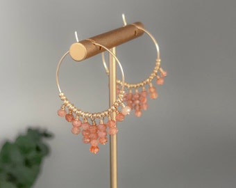 Tiny Sunstone Beads on Gold Filled Hoops Great Gift Idea for Girlfriend or Sister - Healing Crystal Earrings - Sacral Chakra Jewelry