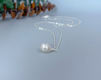 Dainty Single Crystallized Pearl Necklace on Sterling Silver Chain - Simple Pearl Necklace with Herringbone Wire Wrapping June Birthday Gift