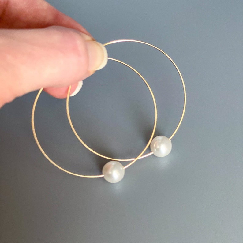 White crystallized pearl bead on 45mm 14K gold-filled wire hoop