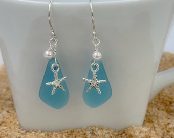 Turquoise Sea Glass Earrings with Starfish Charm Great Gift Idea for Beach Lovers - Beachy Earrings - Ocean Themed Jewelry - Tumbled Glass