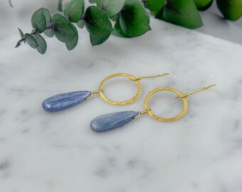 Long Blue Kyanite Teardrop and Gold Circle Earrings Great Gift for Wife or Girlfriend - Gemstone Statement Earrings - Throat Chakra Jewelry
