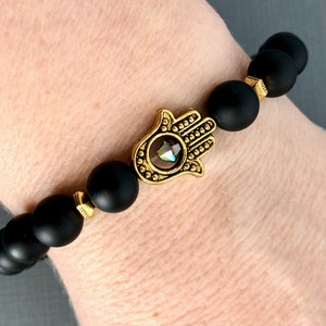 Hamsa Hand Beaded Bracelet Yoga Teacher Gift Black Onyx Strength Bracelet Protection Gemstone Stretchy Bracelets Good Luck Jewelry image 1