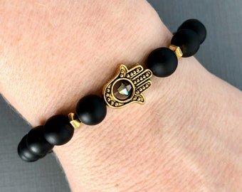 Bracelet de perles main Hamsa - Cadeau pour professeur de yoga - Bracelet de force en onyx noir - Bracelets extensibles avec pierres précieuses de protection - Bijoux porte-bonheur