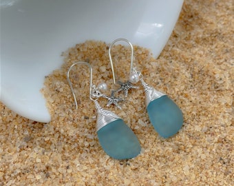 Blue Sea Glass Starfish Earrings Great Gift Idea for Beach Lover - Wire Wrapped Glass Earrings - Coastal Vacation Jewelry - Tumbled Glass