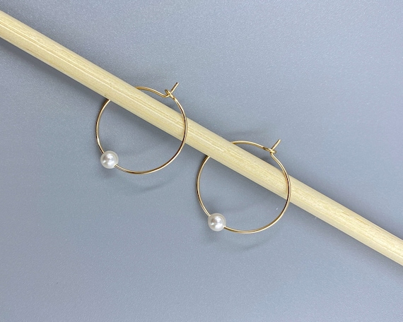 Small Gold Hoops with Tiny Crystallized Pearl Gift Idea for Wife - Dainty Floating Single Pearl Earrings - Simple Silver Hoops for Everyday