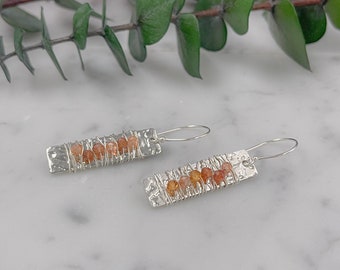 Simple Silver Rectangle Hammered Bar Earrings  Wire Wrapped with Tiny Peach Moonstone Beads Great Gift Idea for Wife or Girlfriend