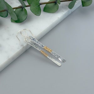 Hammered Silver Bar Earrings Gift Idea for Wife - Mixed Metal Two Tone Earrings - Casual Drop Earrings for Everyday Wear - Long Bar Earring