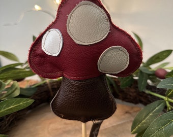 5.5x5" Mushroom Toadstool Cake Topper Succulent Plant Floral Centerpiece Stake Genuine Italian Leather Lollipick Unique Gift Home Accent