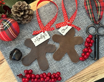 3.5x3 Leather Gingerbread Ornament Custom Name, Matching Family Christmas Ornaments, Stocking name tag, Personalized Gift Tag