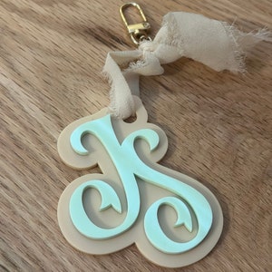 May include: A light green letter K charm with a beige background and a beige ribbon attached to a gold key ring.