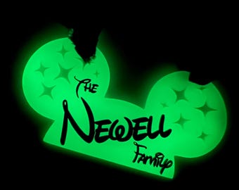 Personalized Glow-in-Dark Disney Park Stroller Tag: Mouse Ears Family Name Locator for Magical Vacations