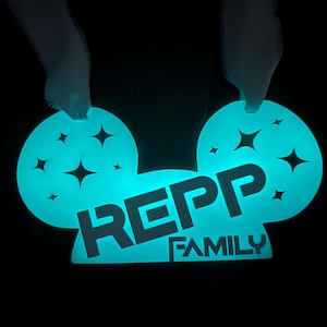 May include: A glow-in-the-dark Mickey Mouse-shaped tag with the text "REPP FAMILY" in black lettering and stars.