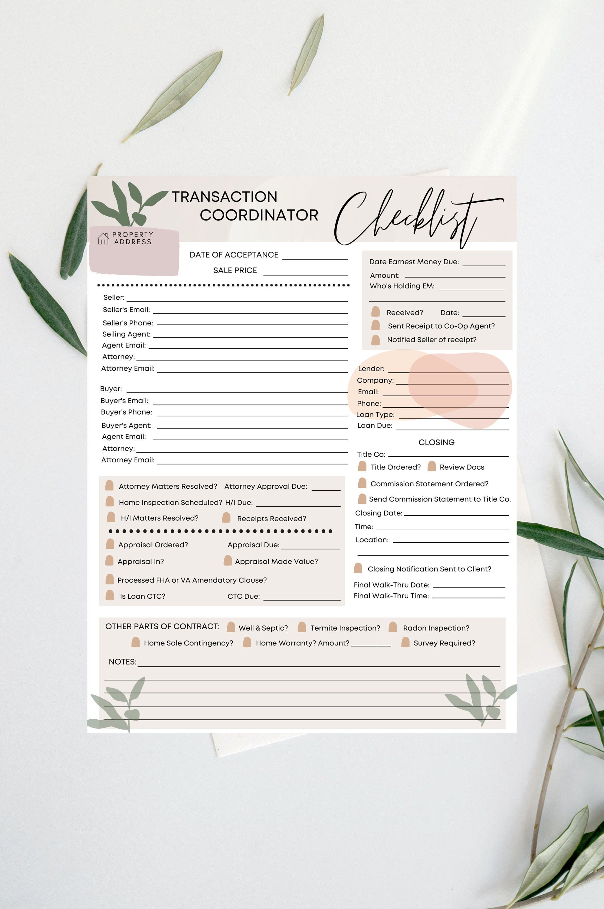 Printable Real Estate Transaction Coordinator Checklist