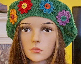 Ladies green handmade crochet slouchy beret hat tam with flowers one size