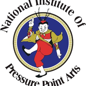 May include: A logo for the National Institute of Pressure Point Arts. The logo features a cartoon figure in a red and gold outfit performing a martial arts move against a blue background. The text "National Institute of Pressure Point Arts" is written in a black circular border around the figure.