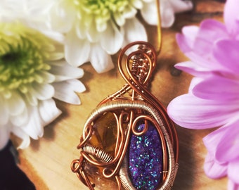 Don't Worry, Be Happy: Amber, Citrine, and Quartz Wire Wrapped Healing Crystal Pendant, gold handmade triple stone necklace