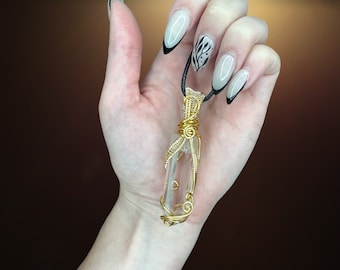 Raise Your Vibe: Gold Clear Quartz Healing Crystal Necklace, wire wrap healing stone for amplifying energy and charging aura