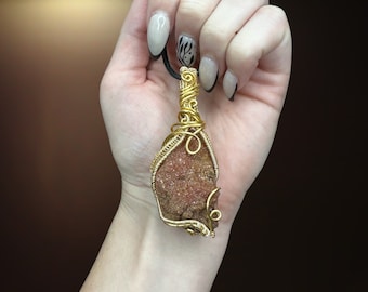 Gold Hematite Quartz Geode Healing Crystal Necklace, wire wrap healing stone for amplifying energy and charging aura