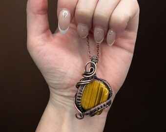 The Tigress Within: Tiger's Eye Wire Wrapped Healing Crystal Necklace, promotes courage, bravery, confidence, strength, willpower