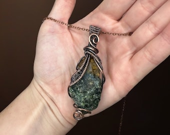 Abundance Bringing: Chrysoprase Wire Wrapped Healing Crystal Necklace for attracting love, joy, and wealth. Heart Chakra Stone.