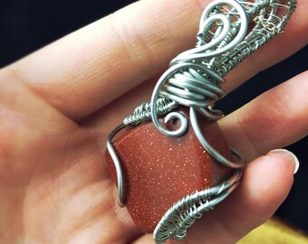Energizing: Red Goldstone Wire Wrapped Healing Crystal - handmade root chakra pendant healing stone for vitality energy and stamina