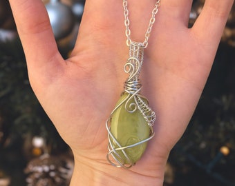 Evolve: Serpentine Healing Crystal Pendant, handmade wire wrapped gemstone pendant for spiritual empowerment, aligning chakras