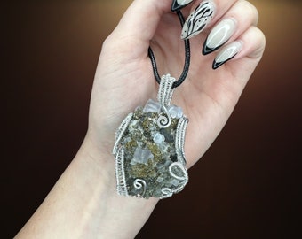 Chakra Balance: Fluorite and Pyrite Crystal Necklace, Handmade Wire Wrapped Healing Stone Pendant calms mind chatter, boosts wealth