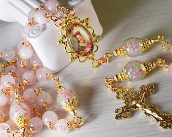 Natural Rose Quartz Catholic 5 Decade Rosary Lamp Work Glass Pink Roses ITALIAN Crucifix Blessed Mother Color Medal Italy Stamped Crucifix
