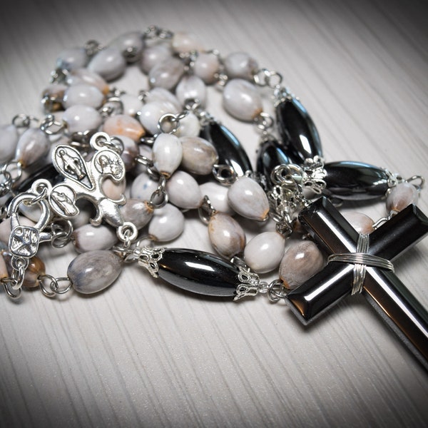 Black Hematite Jobs Tears Black Hematite Cross Fleur-de-Lis Virgin Mary Blessed Mother Connector Medal Silver Tone Findings