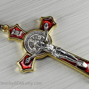 St Benedict Red Enamel Flared ITALIAN Made Crucifix Double Sided St Benedict Medal with Black Cord Ready to Wear