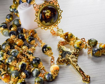 Dream Tigers Eye Catholic 5 Decade Handmade Rosary Passion of Christ Color Medal Under Glass St Benedict Gold Tone Stainless Steel Crucifix
