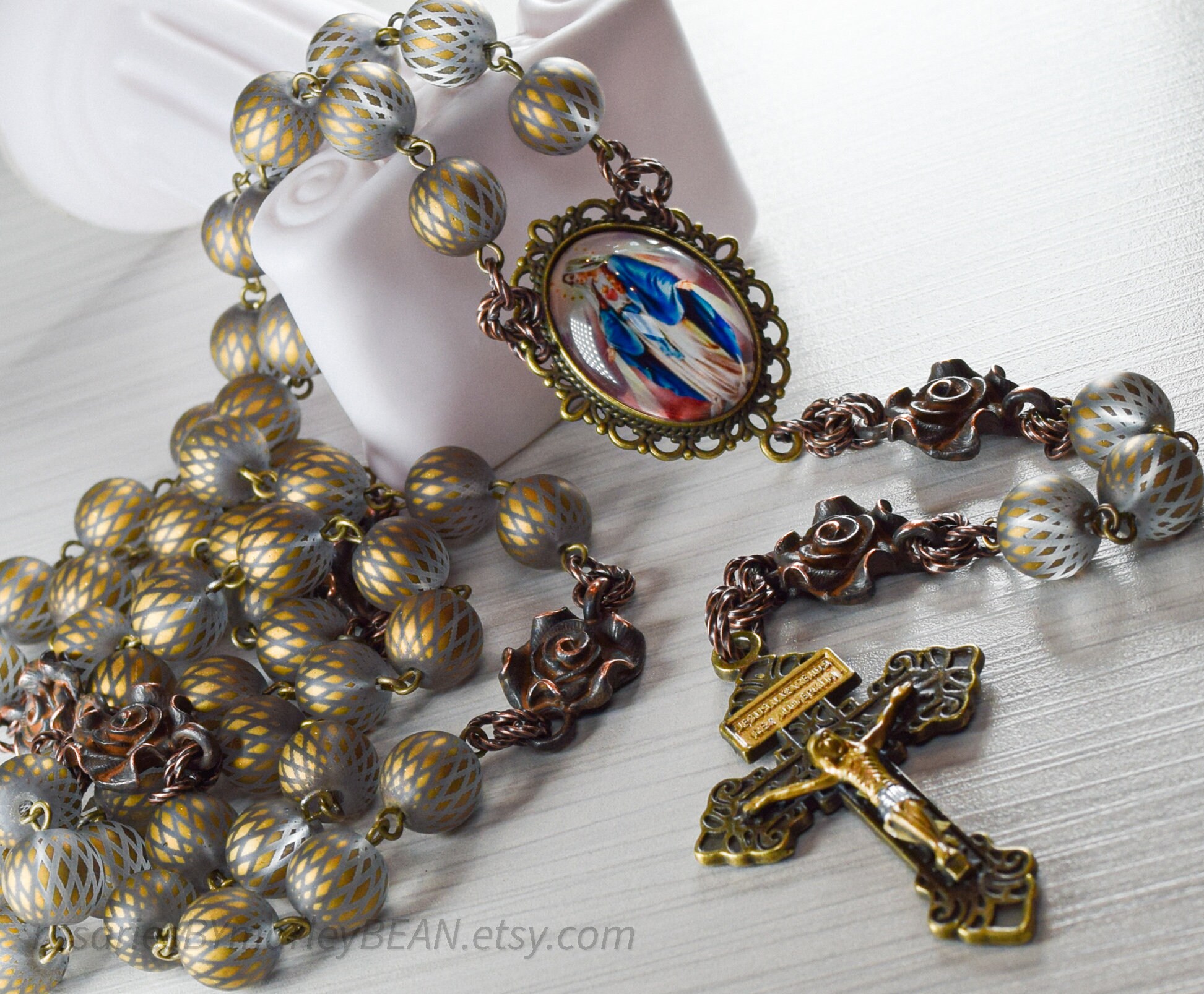 Large Multi Color Milifiori and Bronze 10mm 5 Decade Natural Stone Bead Rosary Large Multi Color Milifiori and Bronze 10mm 5 Decade Natural Stone Bead Rosary