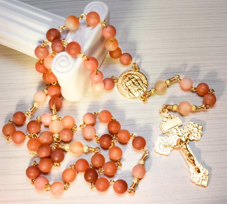Natural Orange Matte Carnelian Beads Shroud of Turin Face of image 0