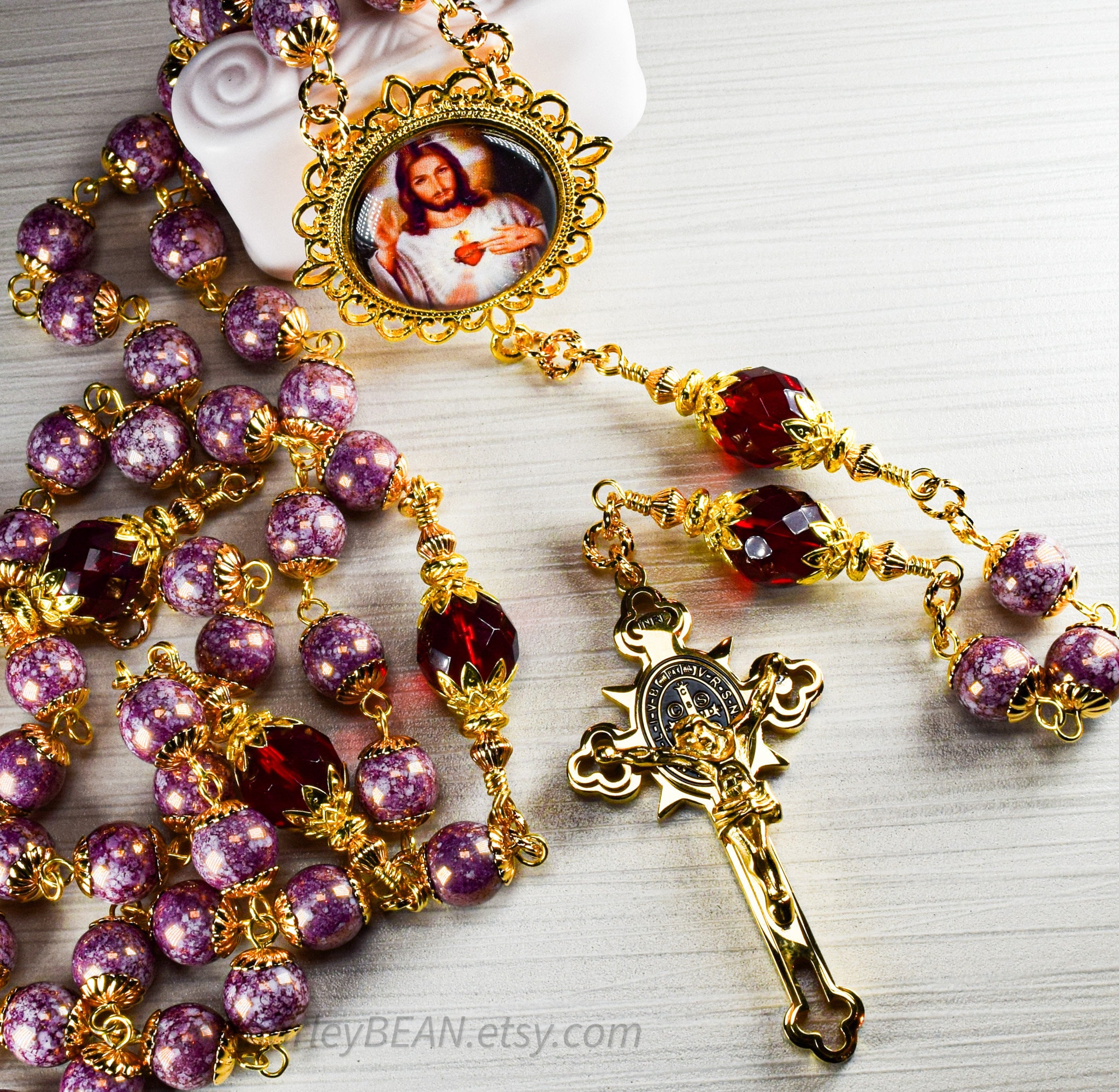 Sacred Heart of Jesus Color Medal Catholic Handmade Rosary Czech Druk Opaque Mauve Glass Beads Stainless Steel Gold Tone Crucifix