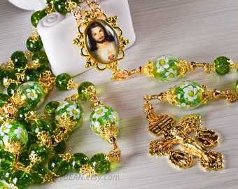 Green Crystal Quartz Catholic 5 Decade Handmade Rosary Vintage Image of Jesus Color Medal Under Glass Dome 3 Way Pardon Italian Crucifix