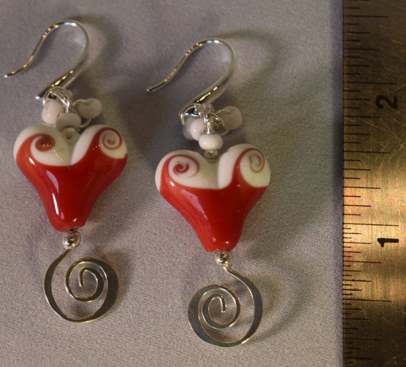 Red White Heart Handmade Lampwork Glass Bead Hearts Earrings Lipstick Red Drop Style Earrings White Accent Beading Silver Tone Findings
