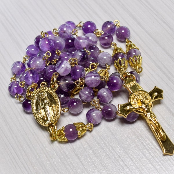 Purple Amethyst ITALY Stamped Cross and Virgin Mary Blessed Mother Medal Gold Tones Findings Natural Semi Precious Gem Stone Heirloom Gift