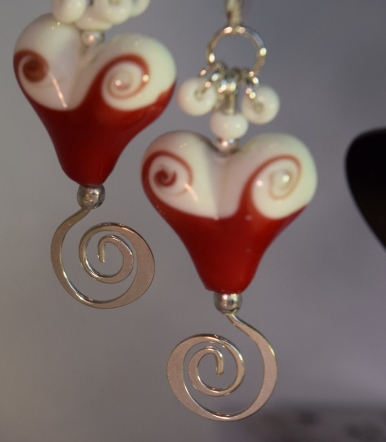 Red White Heart Handmade Lampwork Glass Bead Hearts Earrings Lipstick Red Drop Style Earrings White Accent Beading Silver Tone Findings