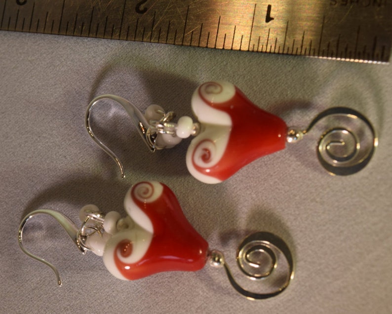 Red White Heart Handmade Lampwork Glass Bead Hearts Earrings Lipstick Red Drop Style Earrings White Accent Beading Silver Tone Findings
