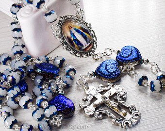 Blue Czech Cathedral Glass Beaded Catholic 5 Decade Handmade Rosary Victorian Style AB Coated Blue Paters Color Blessed Mother Medal