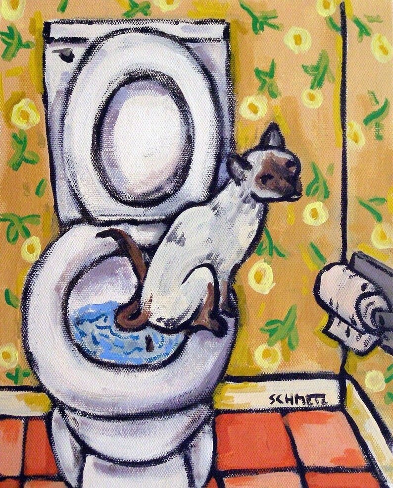Gato siamés en el baño Gato arte impresión signo del artista | Etsy