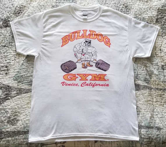 Bulldog Gym Venice California Muscle Bodybuilding Workout Exercise White /  Vintage Gold T-shirt Brand New Size S M L XL 
