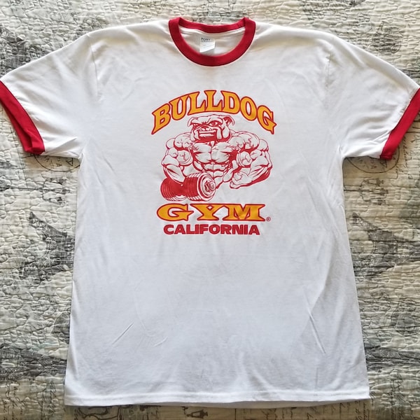 Bulldog Gym California Muscle Bodybuilding Workout Exercise White / Red / Vintage Gold Ringer T-shirt Brand New Size M L XL