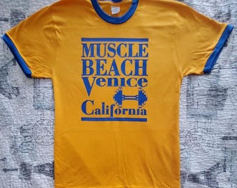 Muscle Beach Venice California Vintage Gold / Blue Old School Bodybuilding Logo Ringer T-shirt Brand New Size M L XL