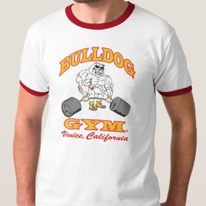 Bulldog Gym Venice California Muscle Bodybuilding Workout Exercise White / Vintage Gold Ringer T-shirt Brand New