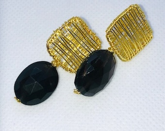 wire wrapped earrings gold earrings unique earrings smoky quartz