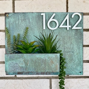 Succulent Address Sign House Numbers Modern Minimalist Planter Boho Succulent Wall Hanger Turquoise Copper Gold Brass image 1