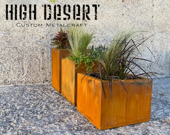 Rusted Metal Planter - Minimalist Outdoor - Rust - Modern Large Box with Drainage - Patio/Deck Decor - Garden Boxes - Outdoor Living