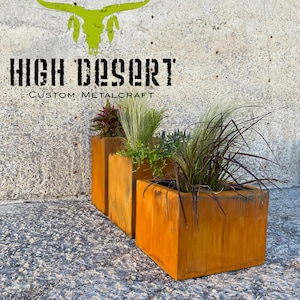 Rusted Metal Planter - Minimalist Outdoor - Rust - Modern Large Box with Drainage - Patio/Deck Decor - Garden Boxes - Outdoor Living