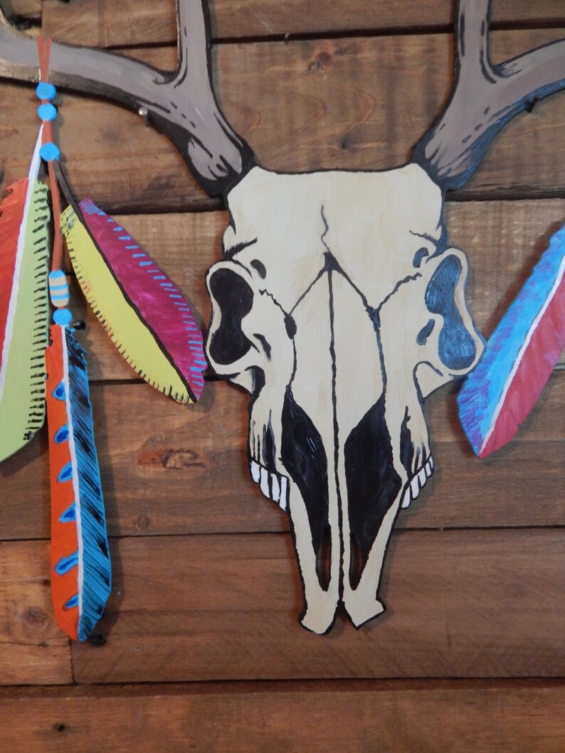 Boho Decor Deer Skull Hand Painted Feathers Modern Etsy